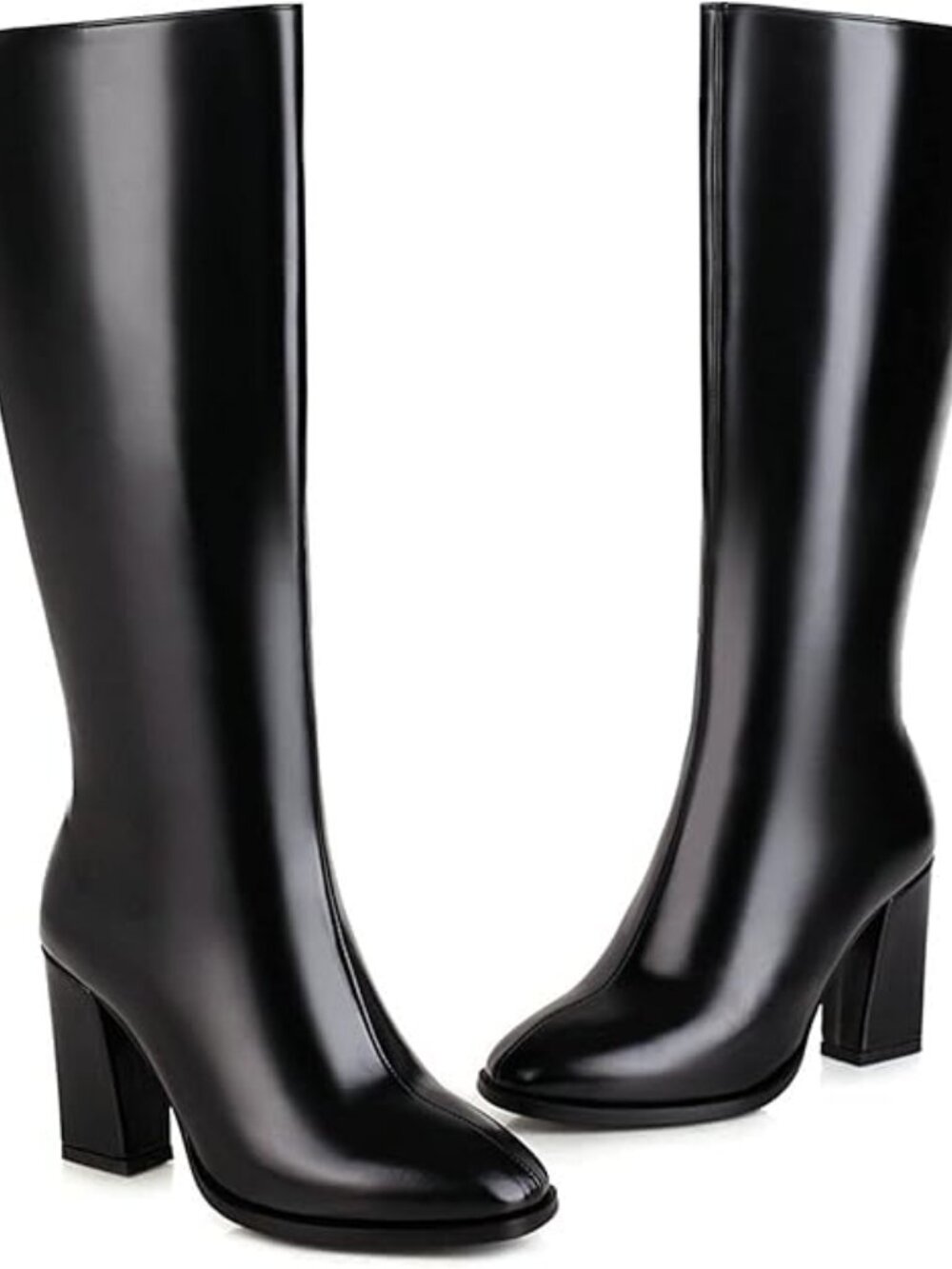 Womens Chunky High Heel Knee High Boots Round Toe Zipper Block Heel Boots